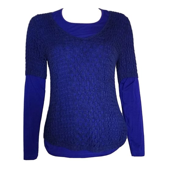 CHICOS Solid All Blue Layered Knit Long Sleeve Top Size 0 Womens S Small/4 - Picture 1 of 7